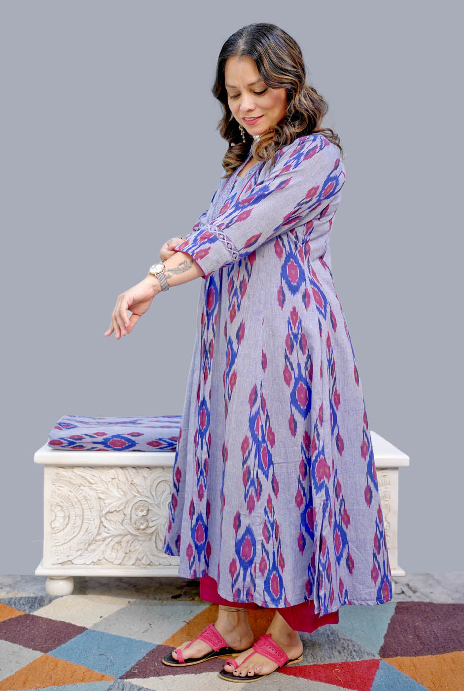 Uzbek Ikat Kurta with Lace Detailing