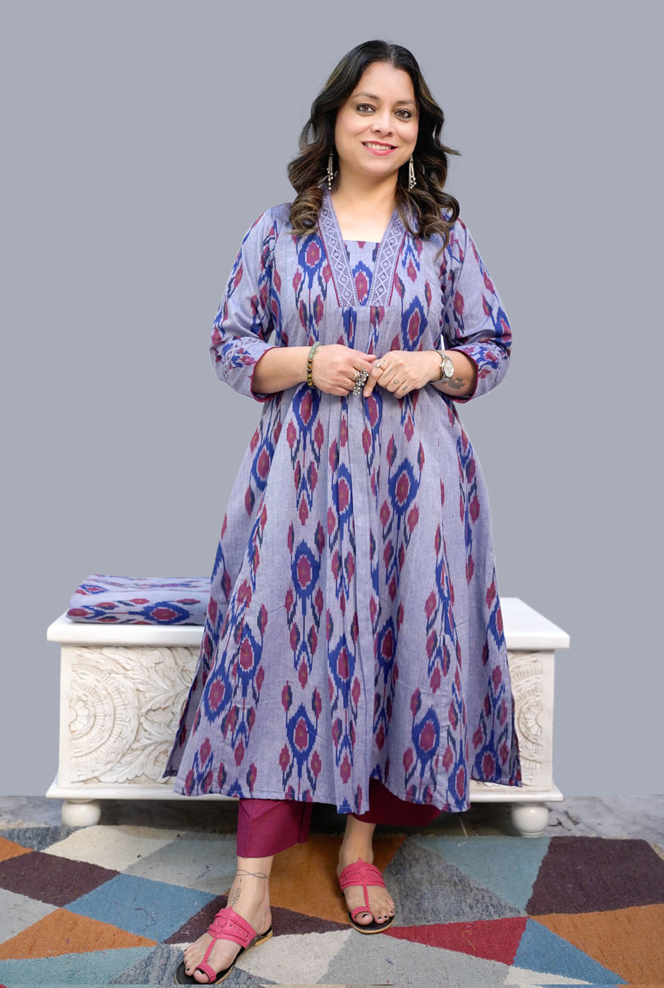 Uzbek Ikat Kurta with Lace Detailing
