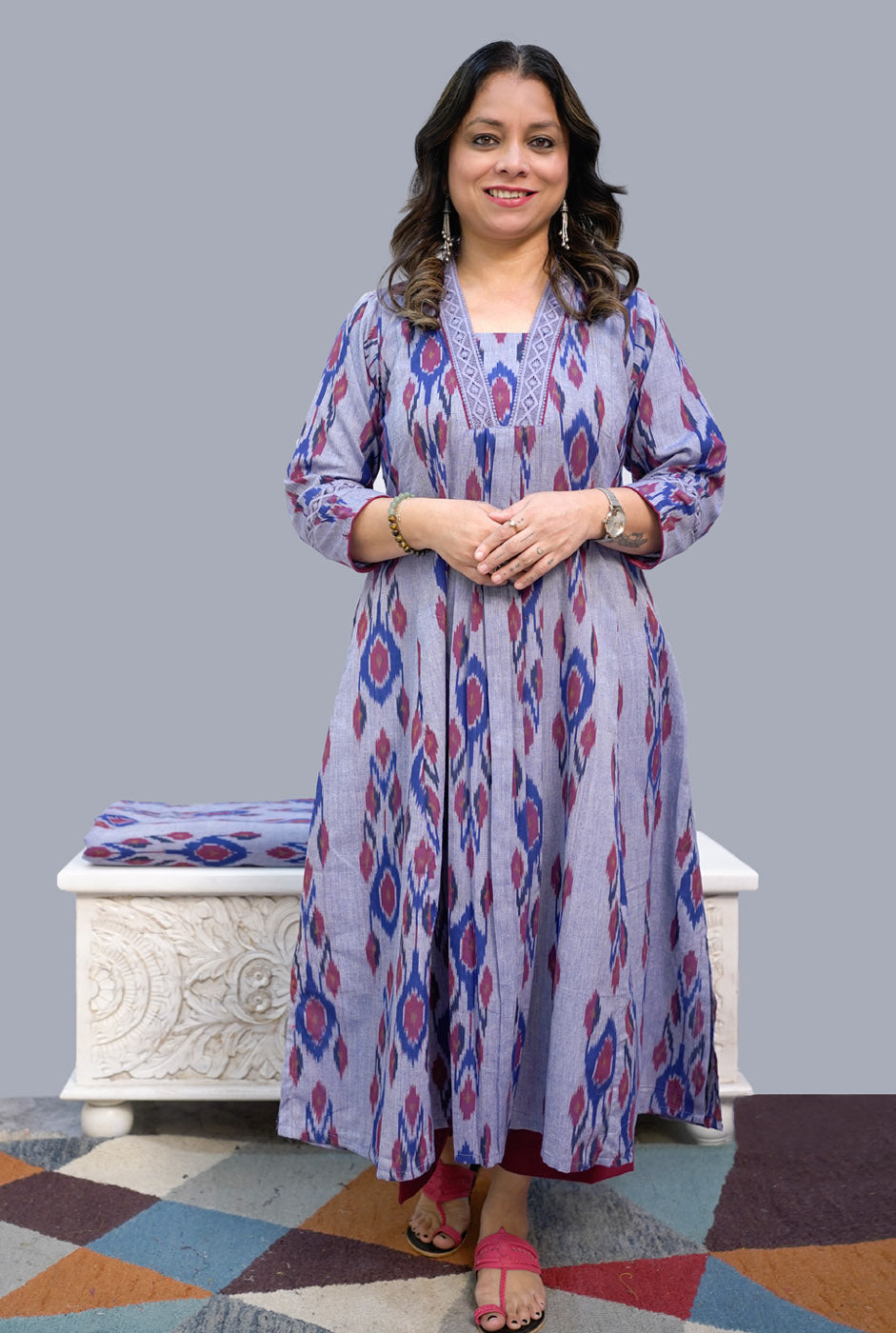 Uzbek Ikat Kurta with Lace Detailing