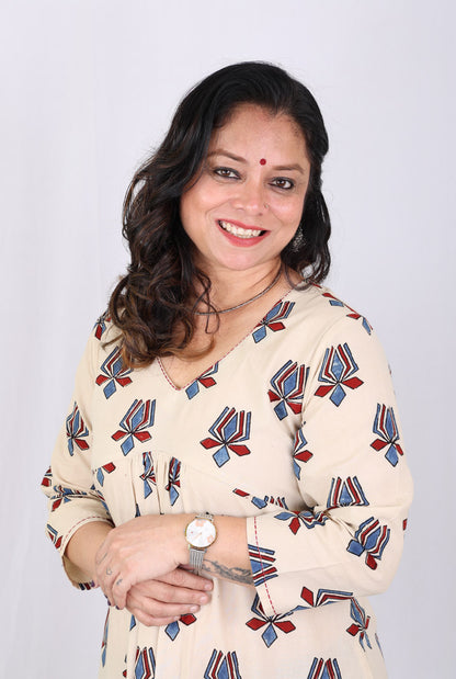 Ivory Lotus Block Ajrakh Kurta with Front Gathers
