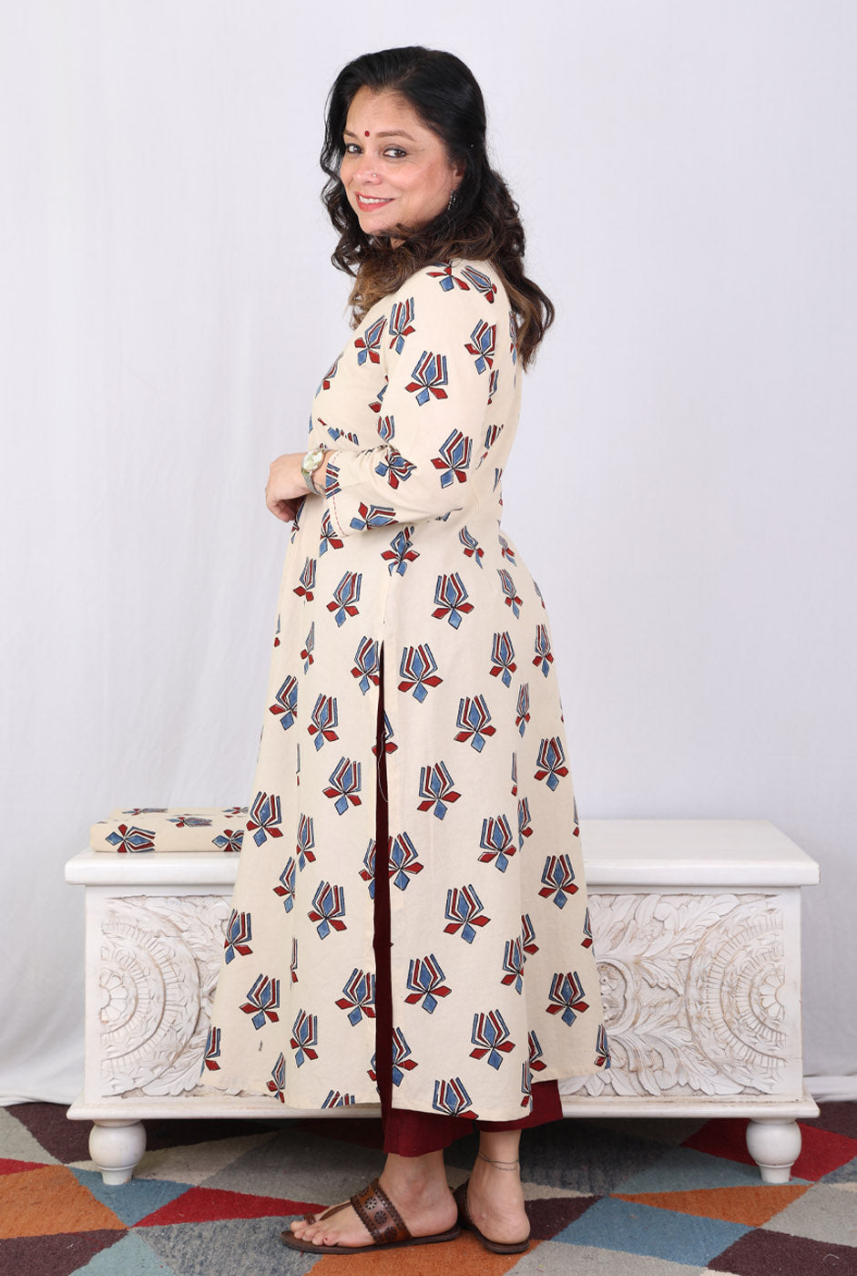 Ivory Lotus Block Ajrakh Kurta with Front Gathers
