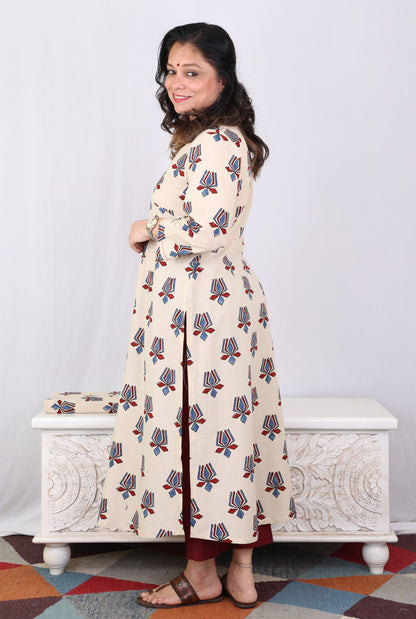 Ivory Lotus Block Ajrakh Kurta with Front Gathers