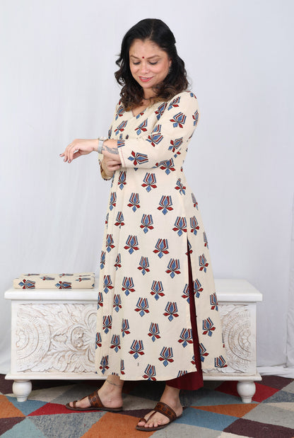 Ivory Lotus Block Ajrakh Kurta with Front Gathers