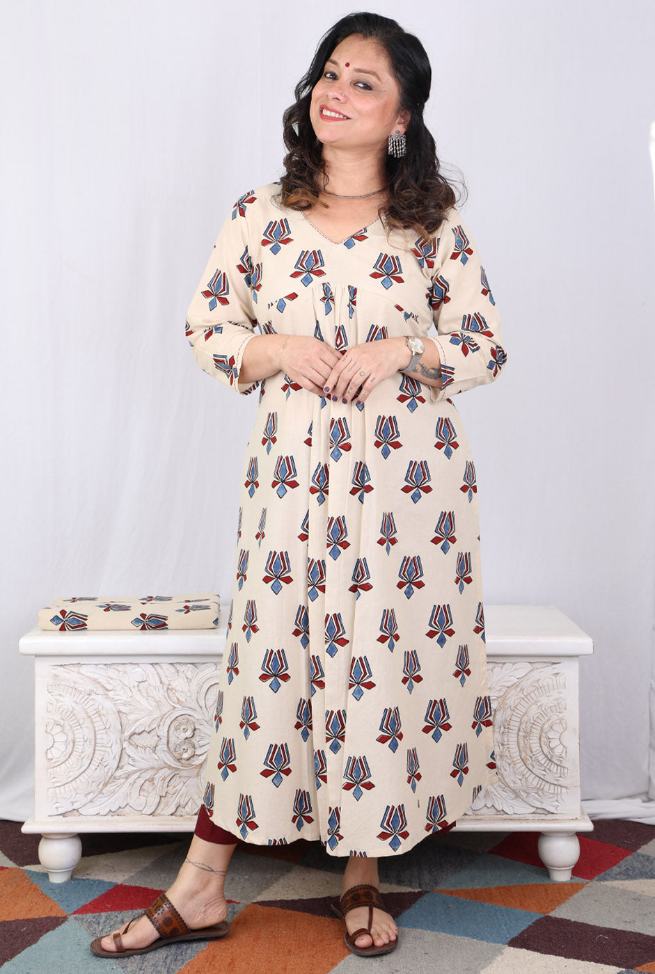 Ivory Lotus Block Ajrakh Kurta with Front Gathers