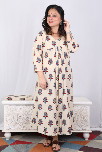 Ivory Lotus Block Ajrakh Kurta with Front Gathers