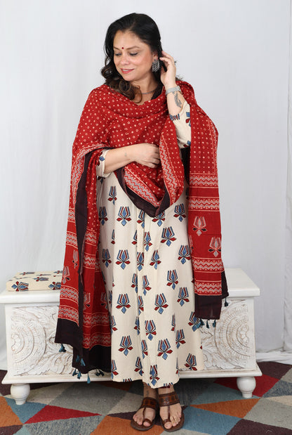 Ivory Lotus Block Ajrakh Kurta with Front Gathers