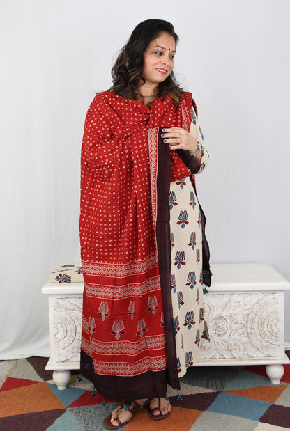 Ivory Lotus Block Ajrakh Kurta with Front Gathers