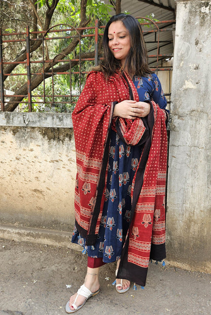 Alahi Blue Ajrakh A-Line Kurta with Gather & Pleat Detailing