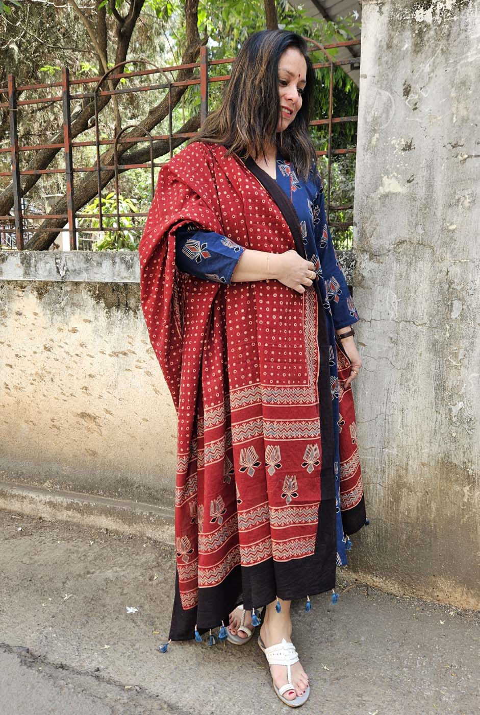 Alahi Blue Ajrakh A-Line Kurta with Gather & Pleat Detailing