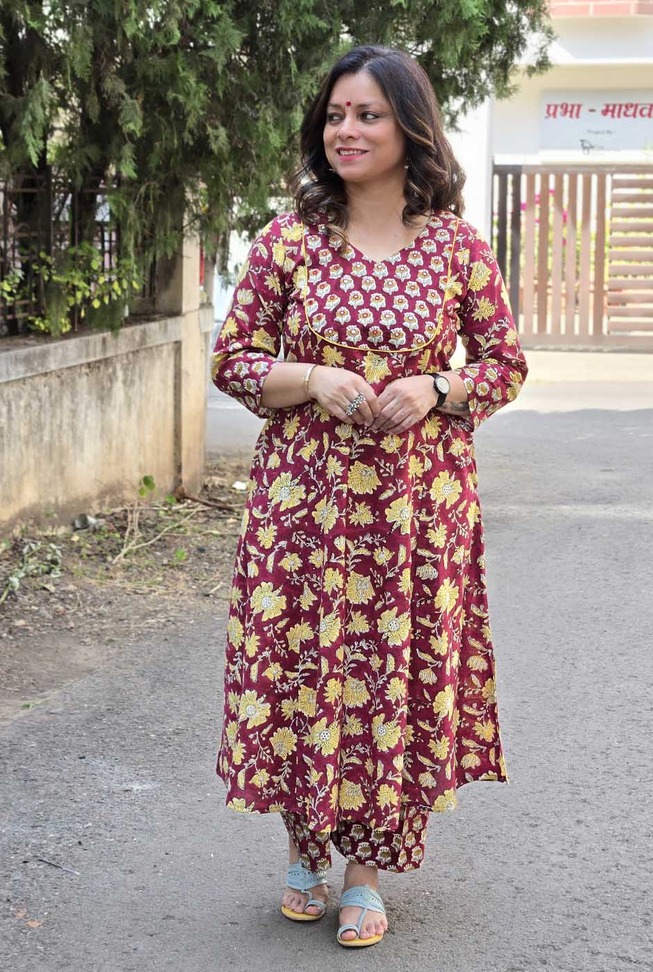 Dabu Handblock Kurta Pant Set with Mirror Work Yoke