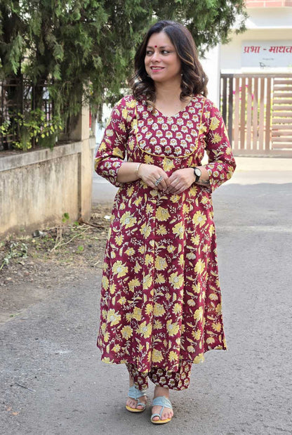 Dabu Handblock Kurta Pant Set with Mirror Work Yoke