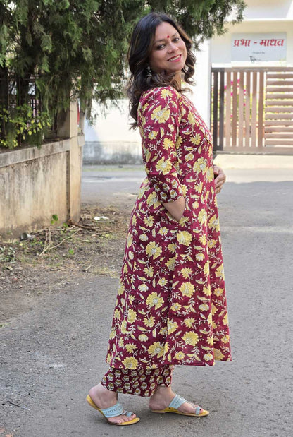 Dabu Handblock Kurta Pant Set with Mirror Work Yoke