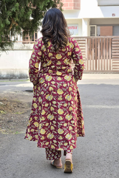 Dabu Handblock Kurta Pant Set with Mirror Work Yoke