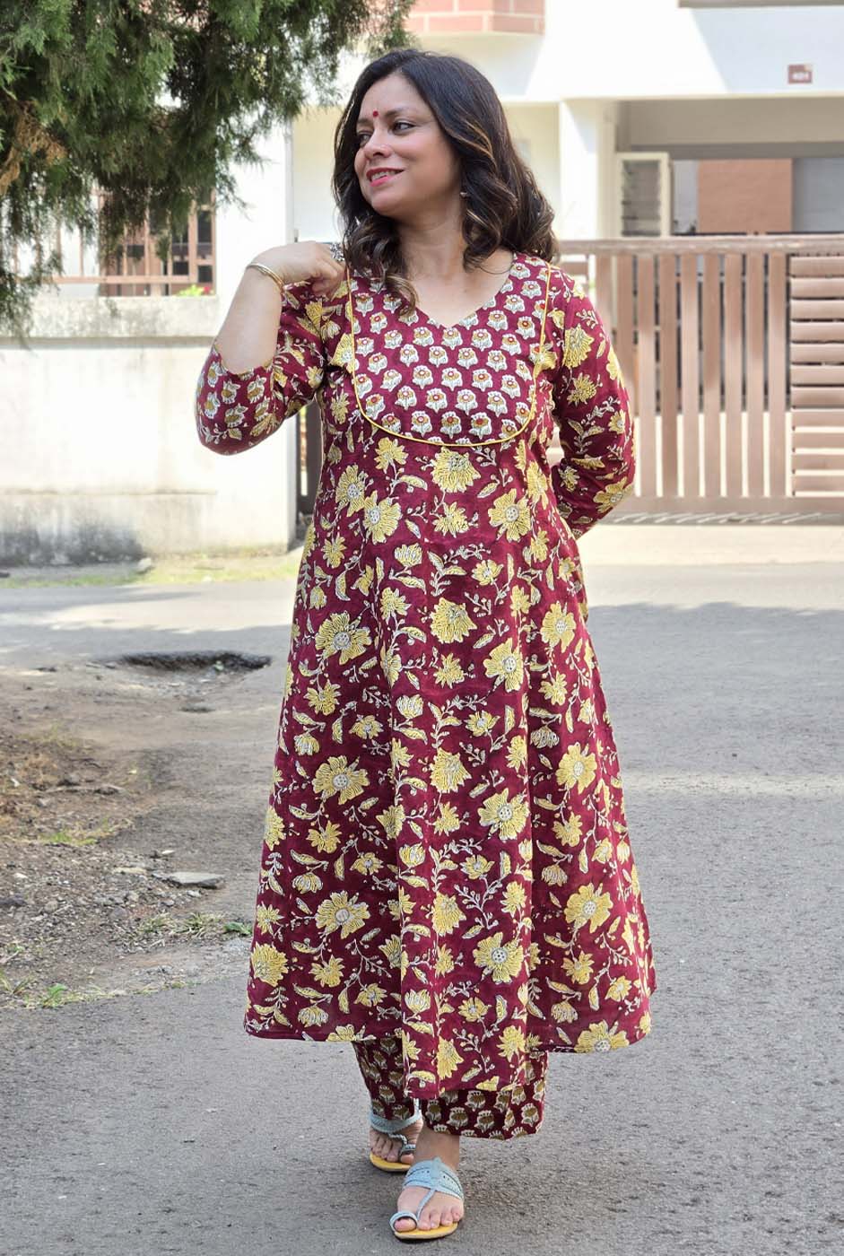 Dabu Handblock Kurta Pant Set with Mirror Work Yoke