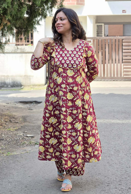 Dabu Handblock Kurta Pant Set with Mirror Work Yoke