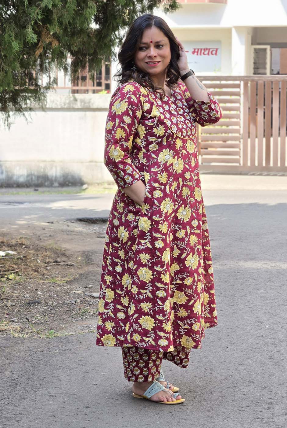 Dabu Handblock Kurta Pant Set with Mirror Work Yoke