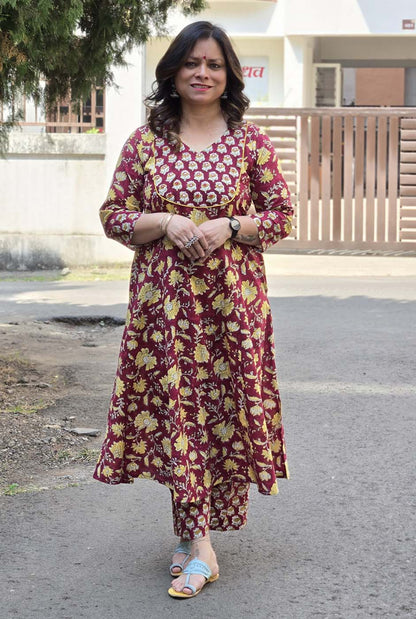 Dabu Handblock Kurta Pant Set with Mirror Work Yoke