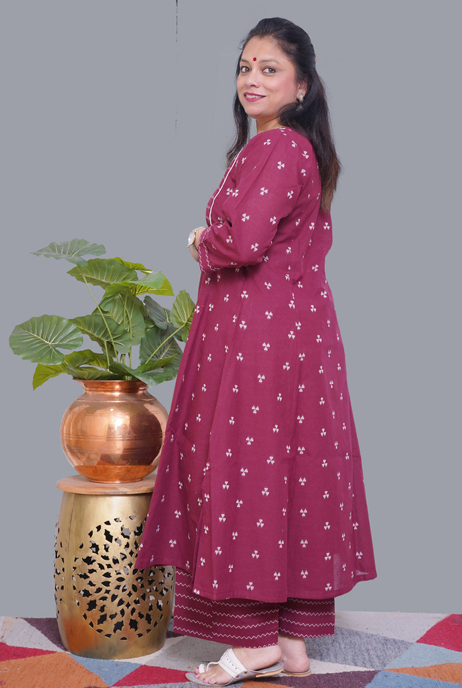Nazakat Maroon Handloom Cotton Kalidar Co-Ord Set