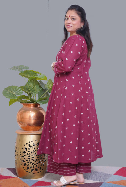 Nazakat Maroon Handloom Cotton Kalidar Co-Ord Set