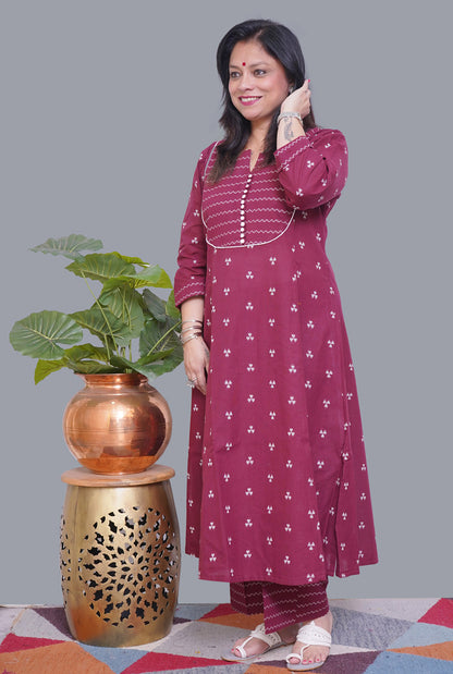 Nazakat Maroon Handloom Cotton Kalidar Co-Ord Set
