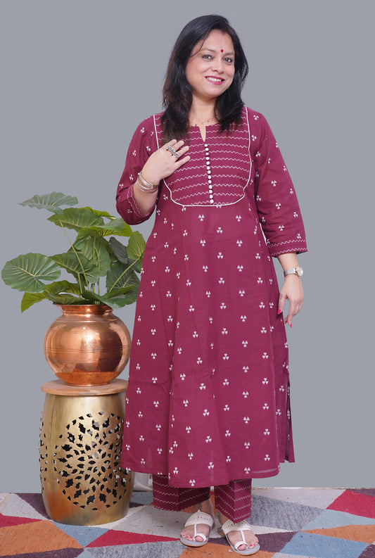 Nazakat Maroon Handloom Cotton Kalidar Co-Ord Set
