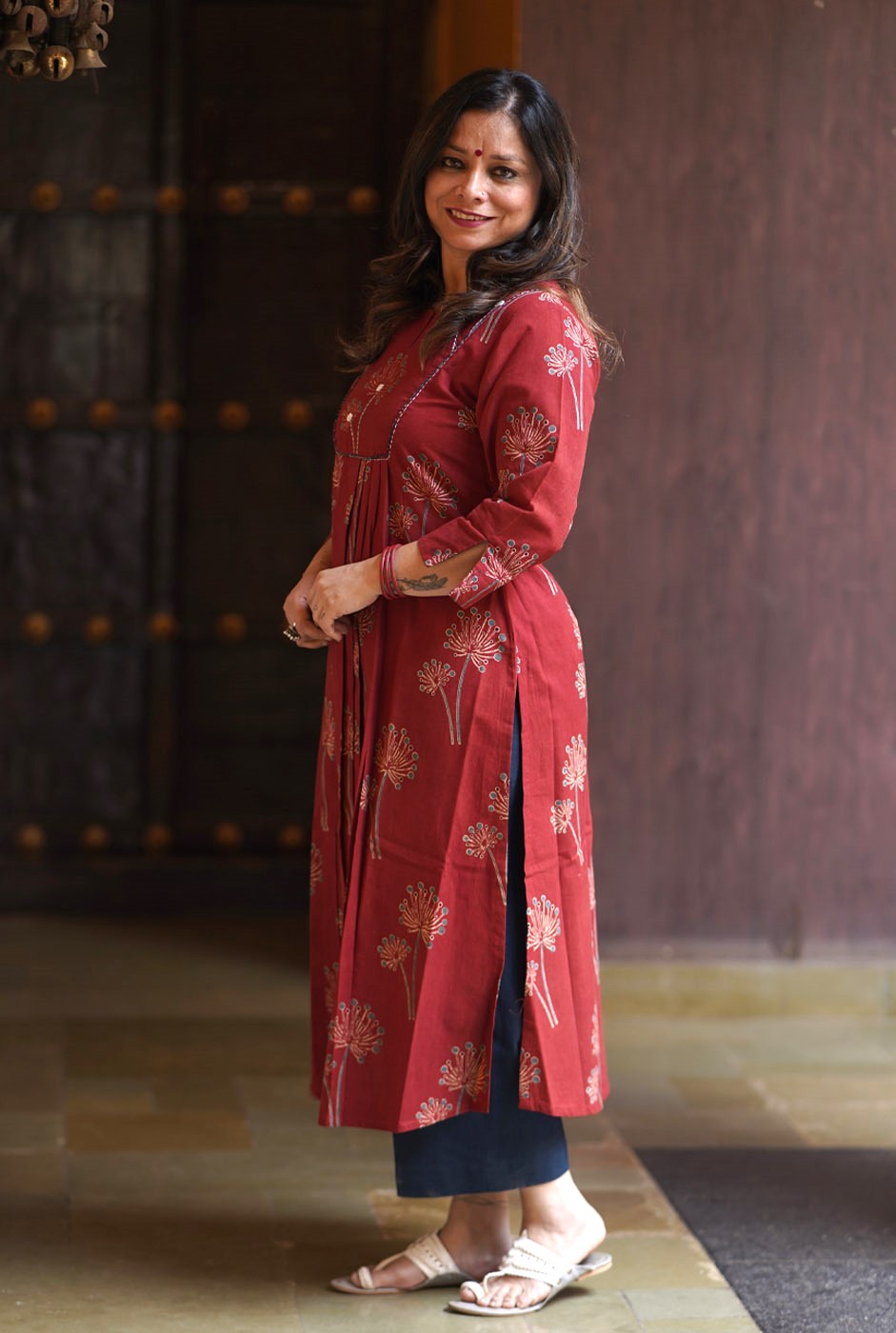 Alahi Maroon Ajrakh A-Line Kalidar Kurta Pleat Detailing