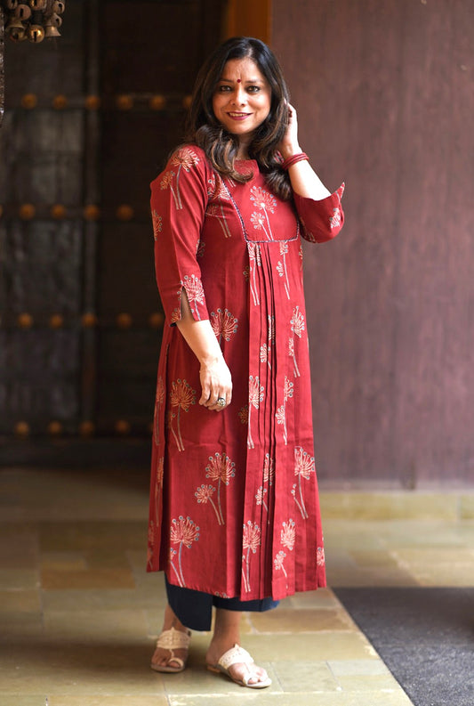 Alahi Maroon Ajrakh A-Line Kalidar Kurta Pleat Detailing