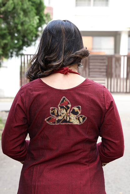 Maroon Handloom Cotton Kurta with Kalamkari Patch Work