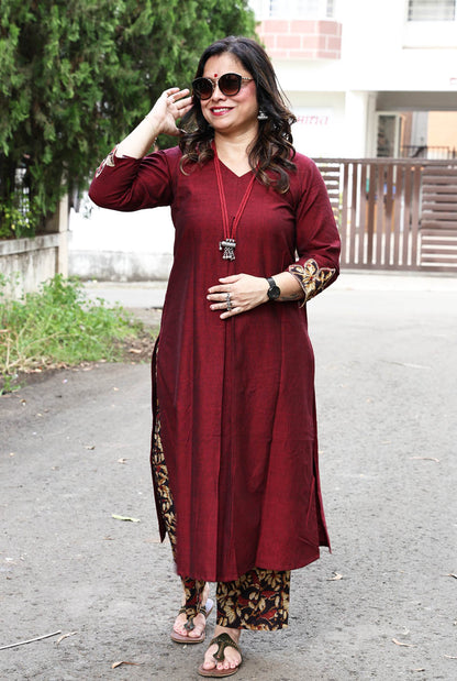 Maroon Handloom Cotton Kurta with Kalamkari Patch Work