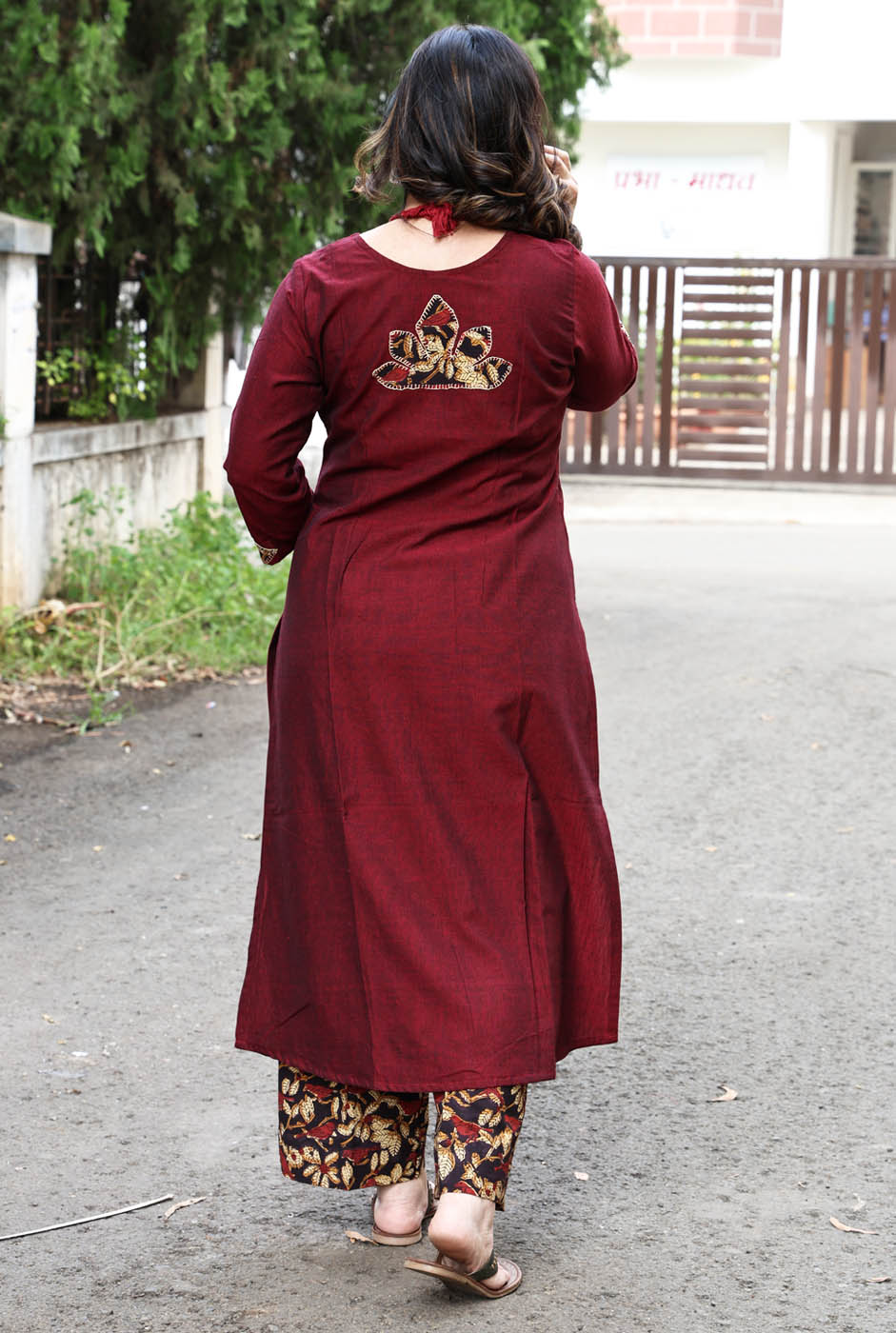 Maroon Handloom Cotton Kurta with Kalamkari Patch Work