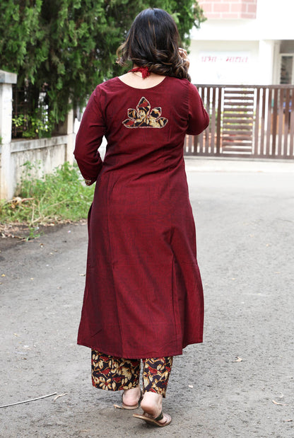 Maroon Handloom Cotton Kurta with Kalamkari Patch Work