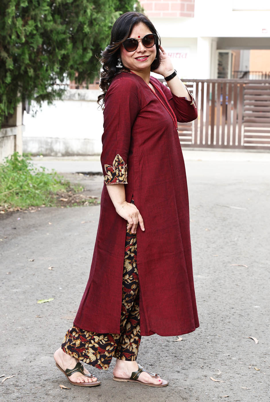 Maroon Handloom Cotton Kurta with Kalamkari Patch Work