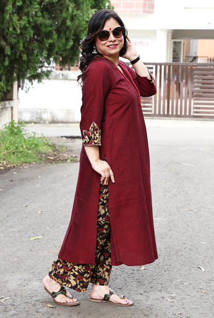 Maroon Handloom Cotton Kurta with Kalamkari Patch Work