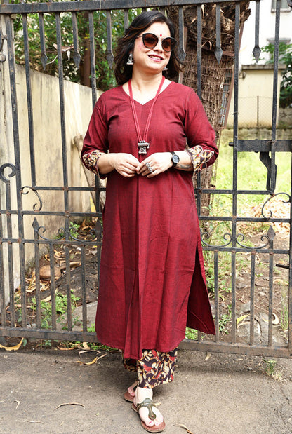 Maroon Handloom Cotton Kurta with Kalamkari Patch Work