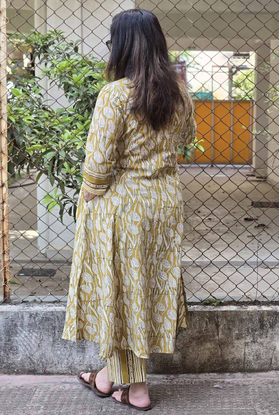 Hand block Kurta Pant Set with Front Gather