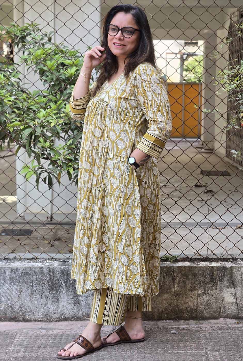 Hand block Kurta Pant Set with Front Gather