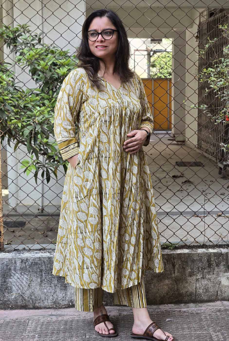 Hand block Kurta Pant Set with Front Gather