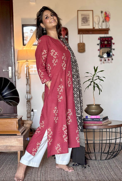 Alahi Maroon Ajrakh A-Line Kalidar Kurta with Dragonfly Block & Hand Kantha Work