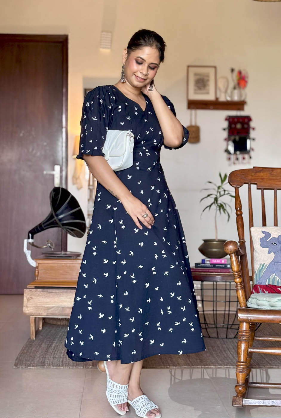 Black Bird Block A-Line Dress with Mull Lining