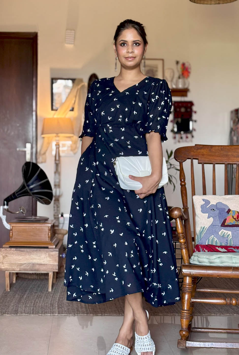 Black Bird Block A-Line Dress with Mull Lining