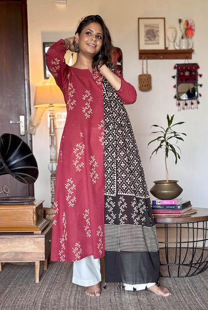 Alahi Maroon Ajrakh A-Line Kalidar Kurta with Dragonfly Block & Hand Kantha Work