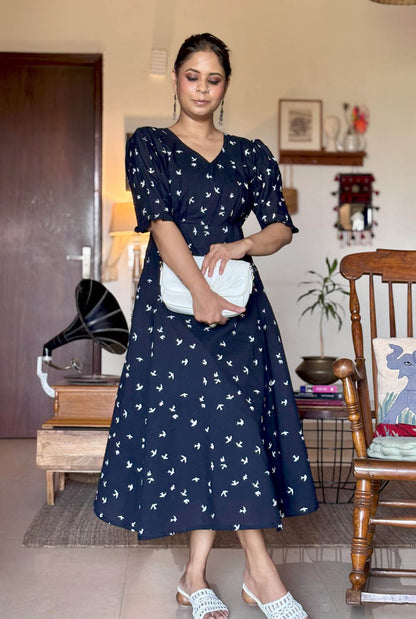 Black Bird Block A-Line Dress with Mull Lining