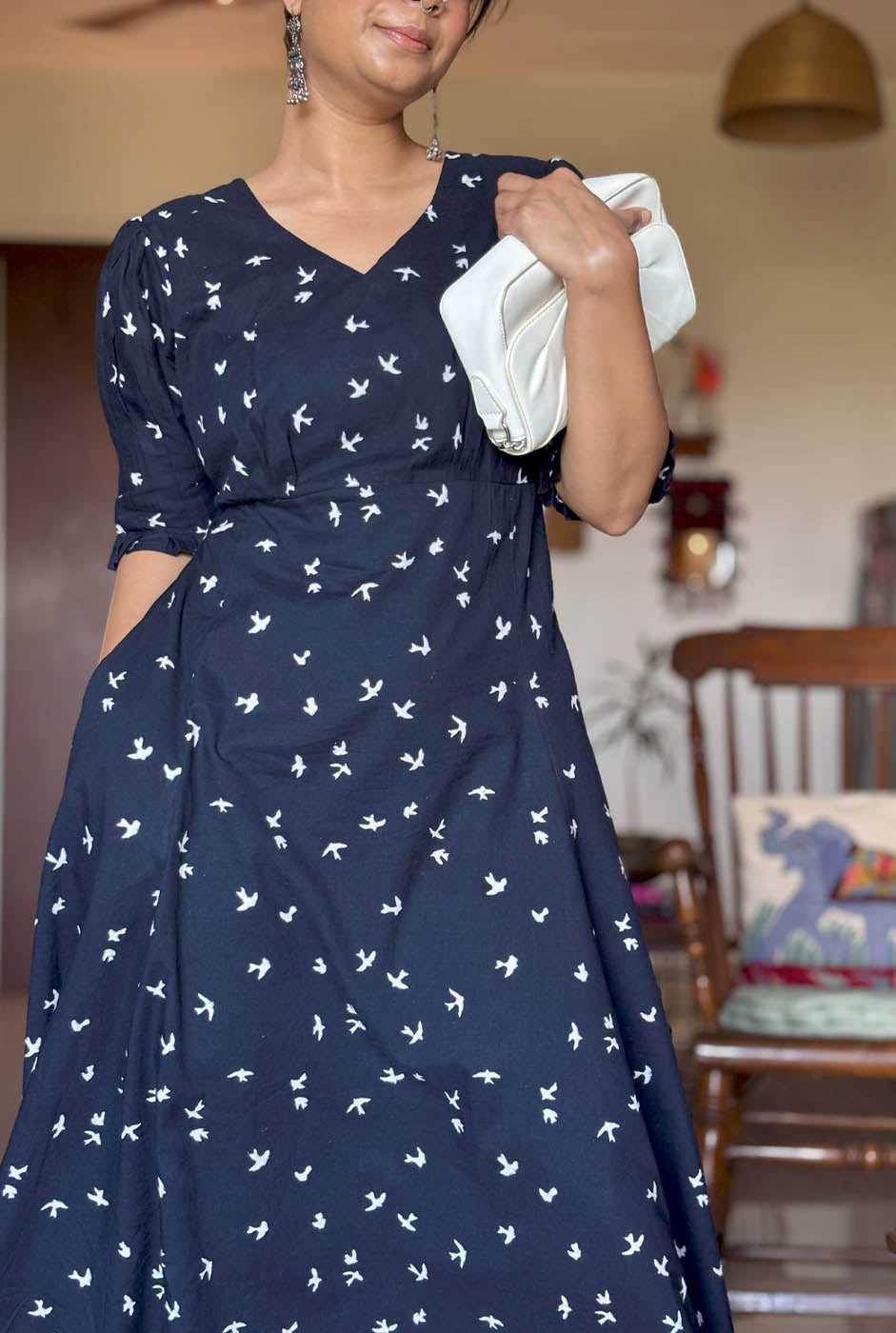 Black Bird Block A-Line Dress with Mull Lining