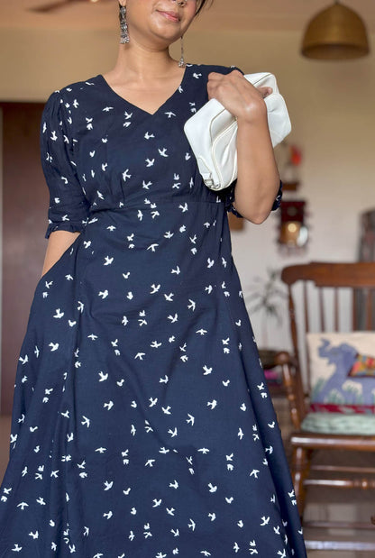 Black Bird Block A-Line Dress with Mull Lining