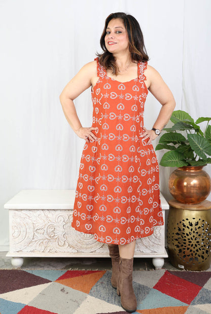 Rust Orange Schiffli Sleeveless Cotton Dress