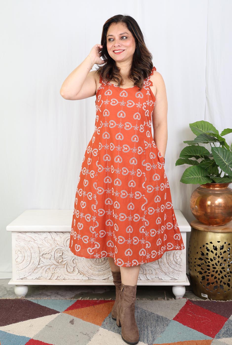 Rust Orange Schiffli Sleeveless Cotton Dress