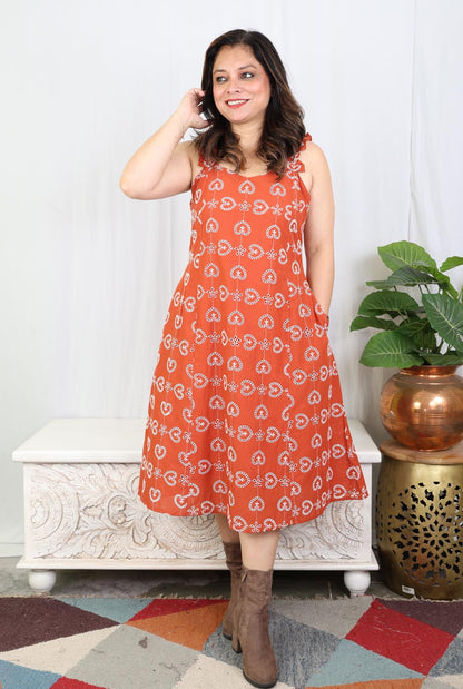 Rust Orange Schiffli Sleeveless Cotton Dress