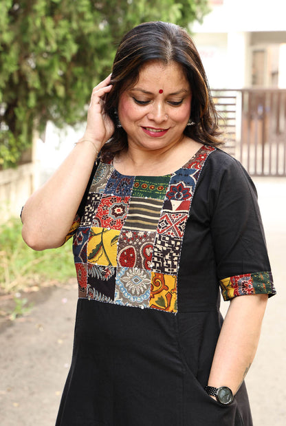 Black Handloom Cotton Ajrakh Patch Work Kurta with Hand Kantha Work