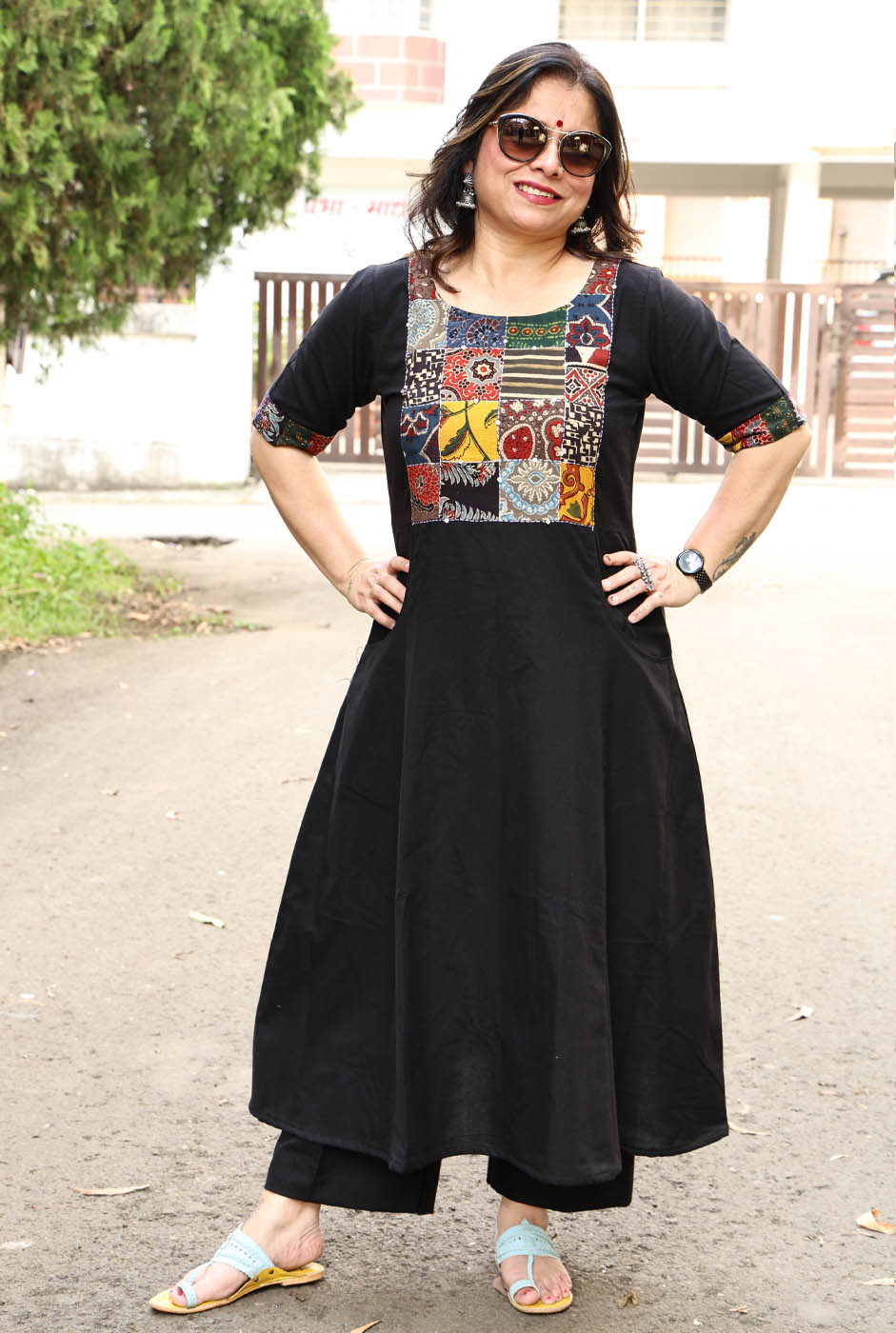 Black Handloom Cotton Ajrakh Patch Work Kurta with Hand Kantha Work