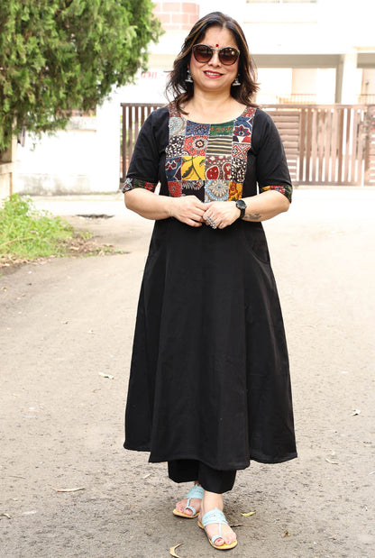Black Handloom Cotton Ajrakh Patch Work Kurta with Hand Kantha Work
